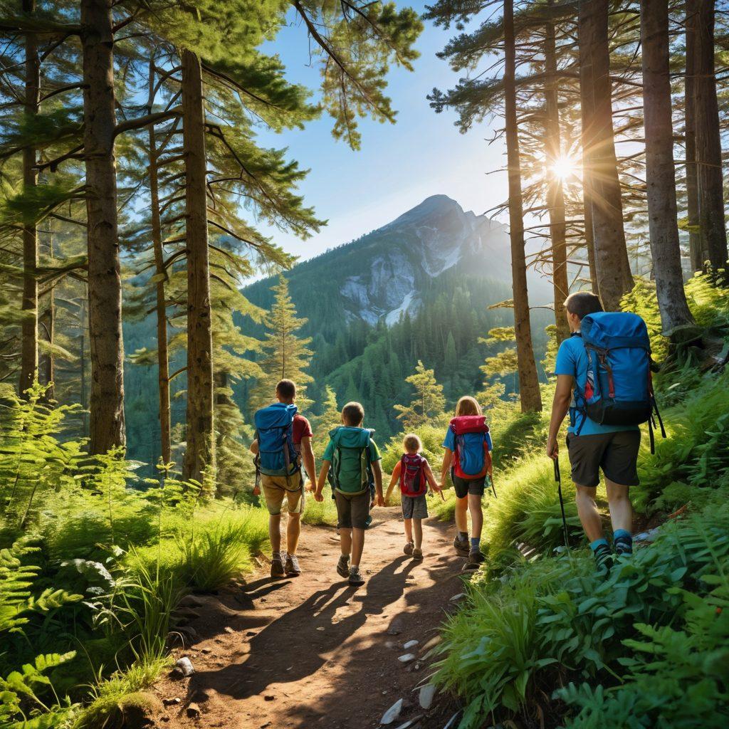 A vibrant scene of a family hiking through a lush green forest, with children laughing and playing. Include backpacks filled with camping gear and a picturesque mountain in the background, under a clear blue sky. Show sunlight filtering through the trees, highlighting the joy of outdoor exploration and comfort. super-realistic. vibrant colors.