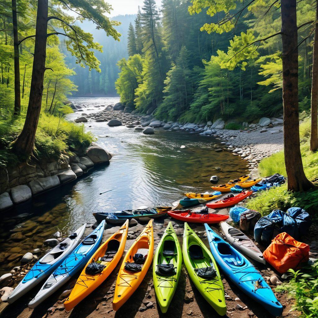A scenic view of a beautiful river winding through a lush green forest, with various outdoor gear like kayaks, backpacks, and hiking shoes laid out invitingly on a rocks. The sun shines through the trees, creating a warm and joyful atmosphere as adventurous individuals are seen enjoying the river. Focus on the vibrant colors of nature and gear that inspire excitement for outdoor adventures. super-realistic. vibrant colors. 3D.