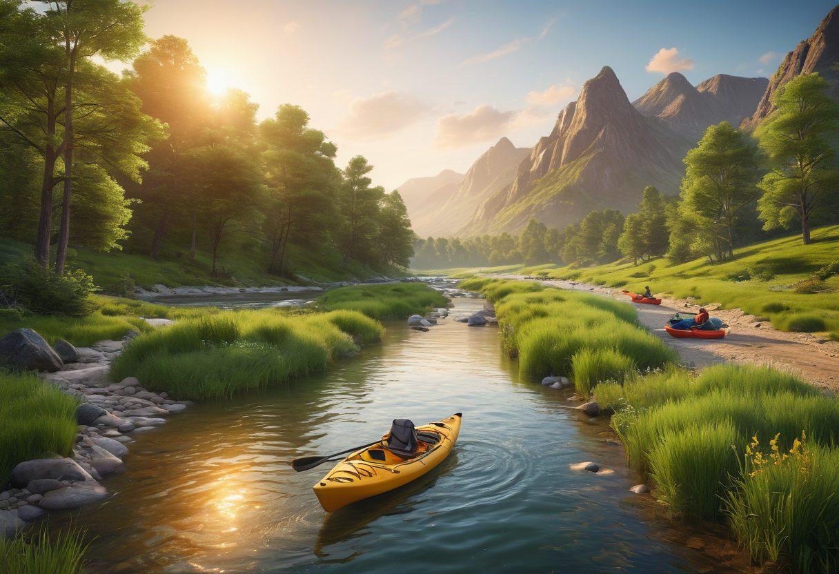 A scenic riverside landscape showcasing vibrant green hills and a winding river, dotted with adventurous campers. Include a diverse array of must-have gear like kayaks, backpacks, and fishing rods. Enhance the atmosphere with joyful adventurers exploring the area, and glowing sunset hues reflecting off the water. The overall feel should be inviting and adventurous. super-realistic. vibrant colors. 3D.